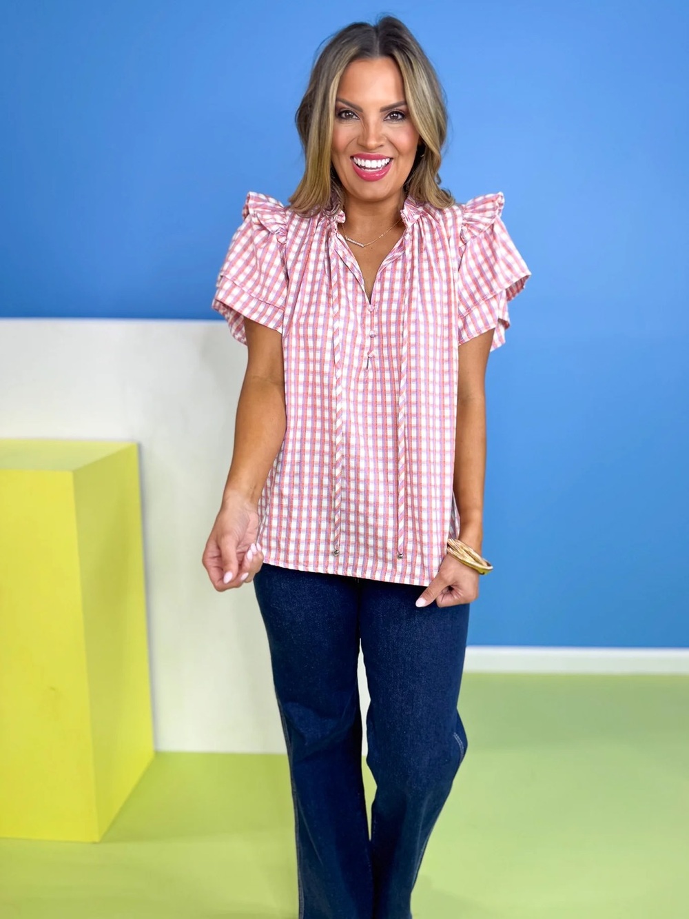 Entro Pink Gingham Ruffle Shoulder
V Neck Top Puff Sleeve Small